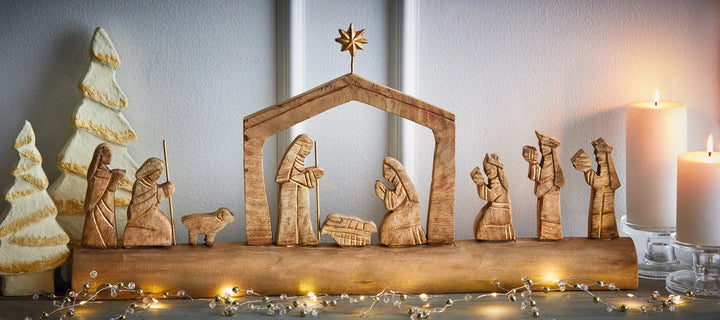 Tag True Living Figurines Nativity Scene on Carved Wood Log