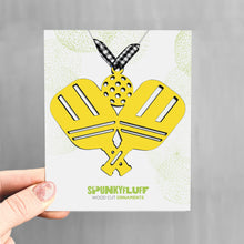 Load image into Gallery viewer, Spunky Fluff Proudly handmade in South Dakota, USA Yellow Pickleball Paddles Ornament, Pickleball Lover Ornament
