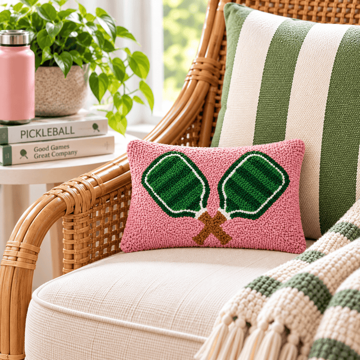 Peking Handicraft Home Decor - Home Accent Pickleball Paddles Wool Hooked Pillow – 8" x 12"