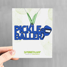 Load image into Gallery viewer, Spunky Fluff Proudly handmade in South Dakota, USA Cobalt Pickleballer Ornament, Pickleballer Stacked Tiny Word Ornament
