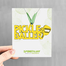 Load image into Gallery viewer, Spunky Fluff Proudly handmade in South Dakota, USA Yellow Pickleballer Ornament, Pickleballer Stacked Tiny Word Ornament
