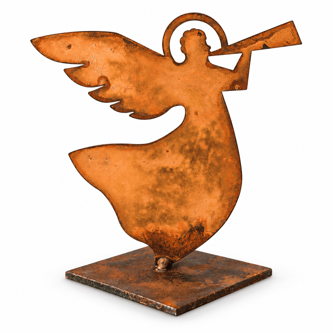Prairie Dance Halo Angel rusted steel figurine with trumpet on white
