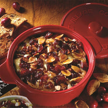 Load image into Gallery viewer, Gourmet Du Village Baking Mixes Red Ceramic Baker gift set with Cranberry Almond Brie topping
