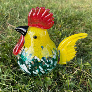 Apricot Mint Decor Green/Yellow Rooster Art Glass, Handblown Glass Rooster