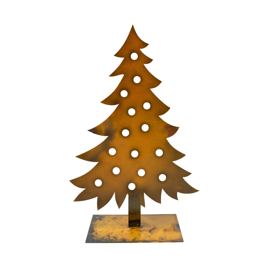 Prairie Dance 14-inch rusted steel Christmas tree with round cutouts