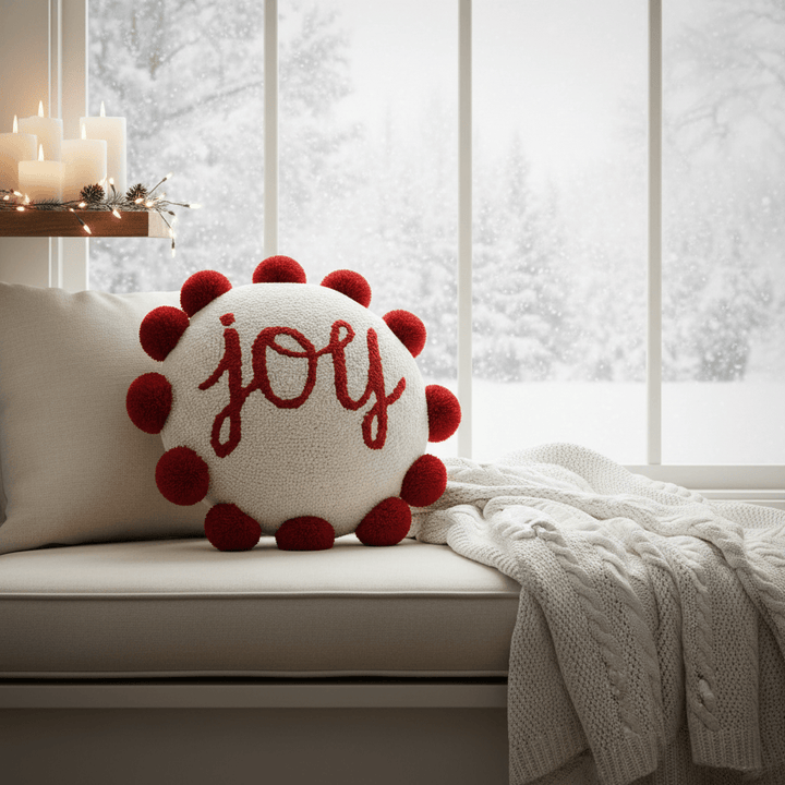Peking Handicraft Pillow Shaped Joy w/Pom Pom Pillow