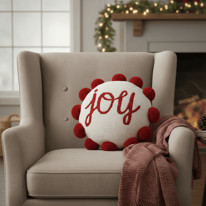 Peking Handicraft Pillow Shaped Joy w/Pom Pom Pillow