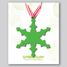 Load image into Gallery viewer, Spunky Fluff Proudly handmade in South Dakota, USA Grass Green Snowflake Ornament &quot;Freeze&quot;

