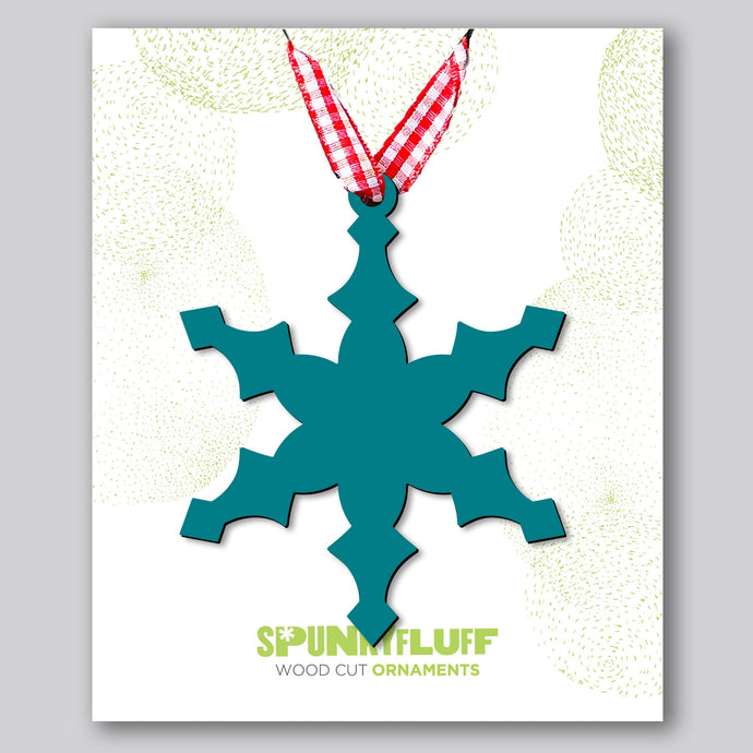 Spunky Fluff Proudly handmade in South Dakota, USA Teal Snowflake Ornament 
