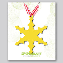 Load image into Gallery viewer, Spunky Fluff Proudly handmade in South Dakota, USA Yellow Snowflake Ornament &quot;Freeze&quot;
