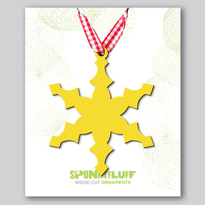 Spunky Fluff Proudly handmade in South Dakota, USA Yellow Snowflake Ornament "Freeze"