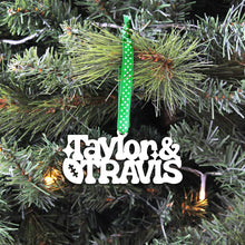 Load image into Gallery viewer, Spunky Fluff Ornament White Taylor &amp; Travis Stacked Tiny Word Ornament, Taylor Swift &amp; Travis Kelsey Christmas Ornament
