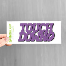 Load image into Gallery viewer, Spunky Fluff Proudly handmade in South Dakota, USA Purple Touchdown Stacked Tiny Word Magnet, Football Magnet
