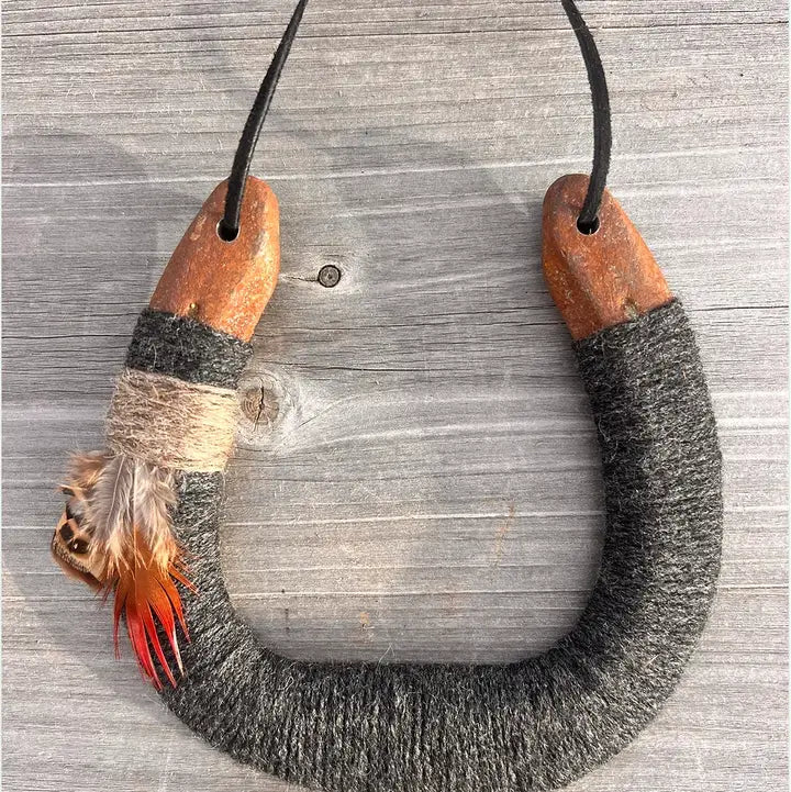Bear &amp; Scout Home Decor - Home Accent Upcycled Horseshoe - Charcoal Black with Feathers