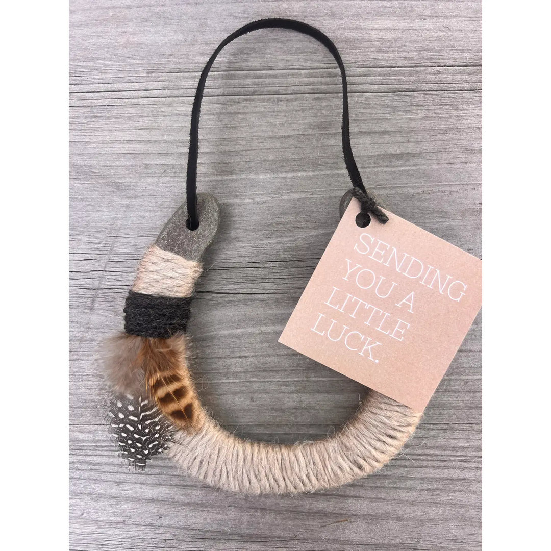 Bear &amp; Scout Home Decor - Home Accent Upcycled Horseshoe - Grey with Feathers