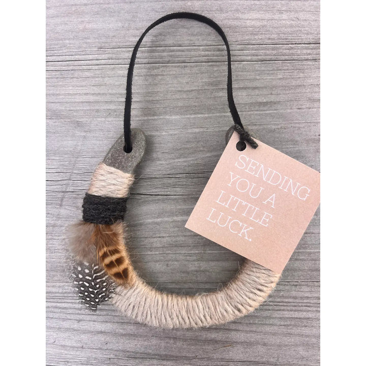 Bear &amp; Scout Home Decor - Home Accent Upcycled Horseshoe - Grey with Feathers