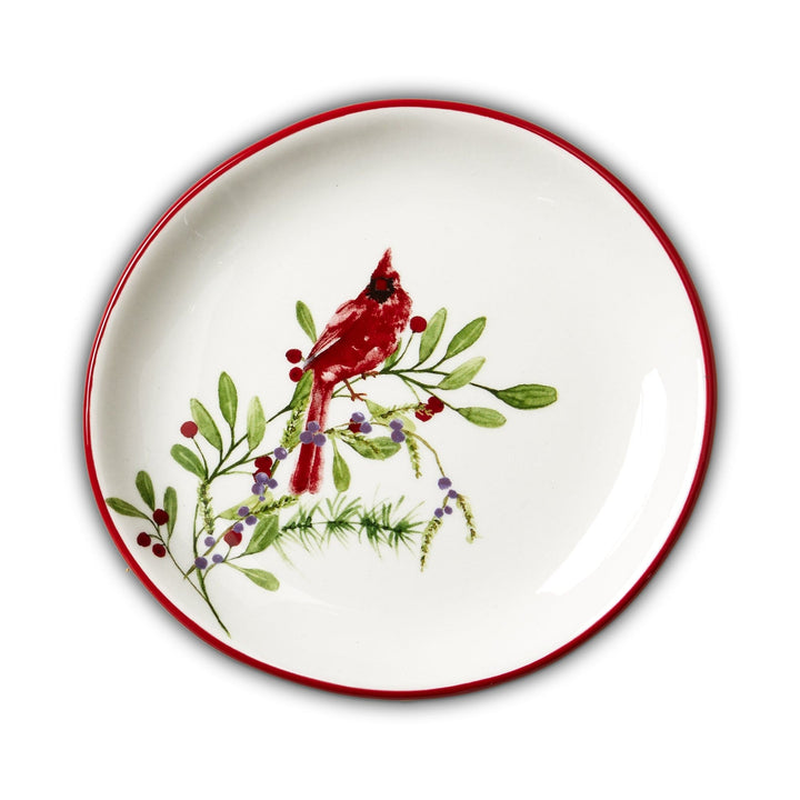 Hand-painted winter cardinal appetizer plate with red bird on snowy branches