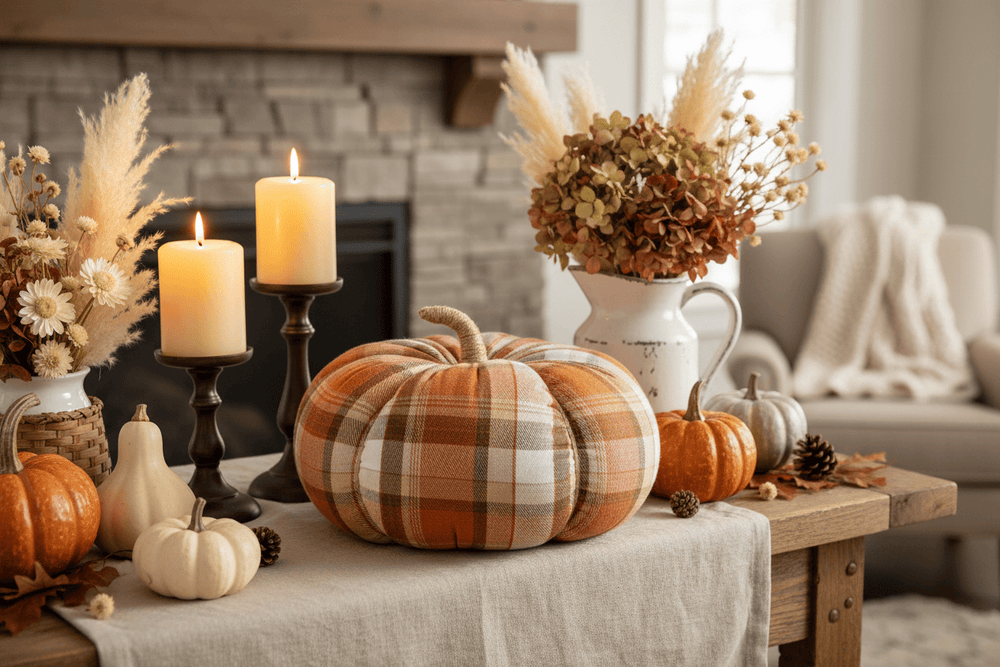 Collins Painting & Design Home Decor - Seasonal XL Autumn Plaid Fabric Pumpkins