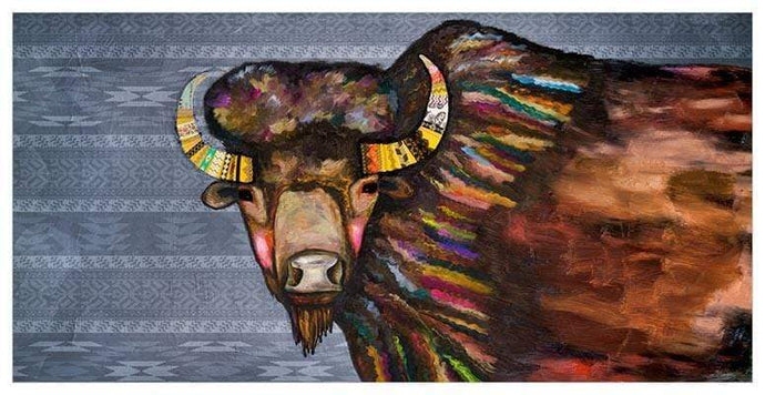 Greenbox Proudly Handmade in California, USA Tribal Blue Crowned Bison Canvas Wall Art