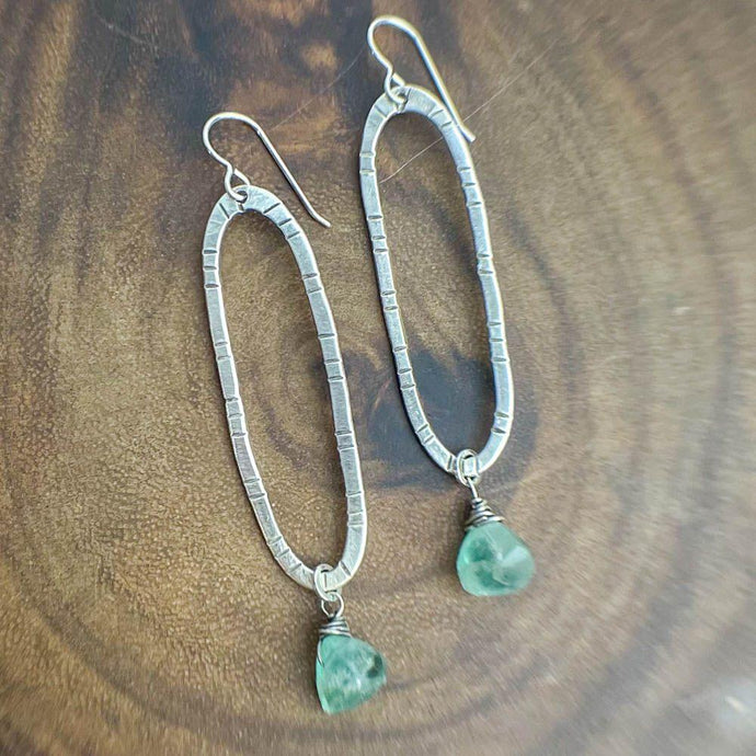Joanna Craft Jewelry Proudly Handmade in California, USA Elongated Hoop with Fluorite Drop