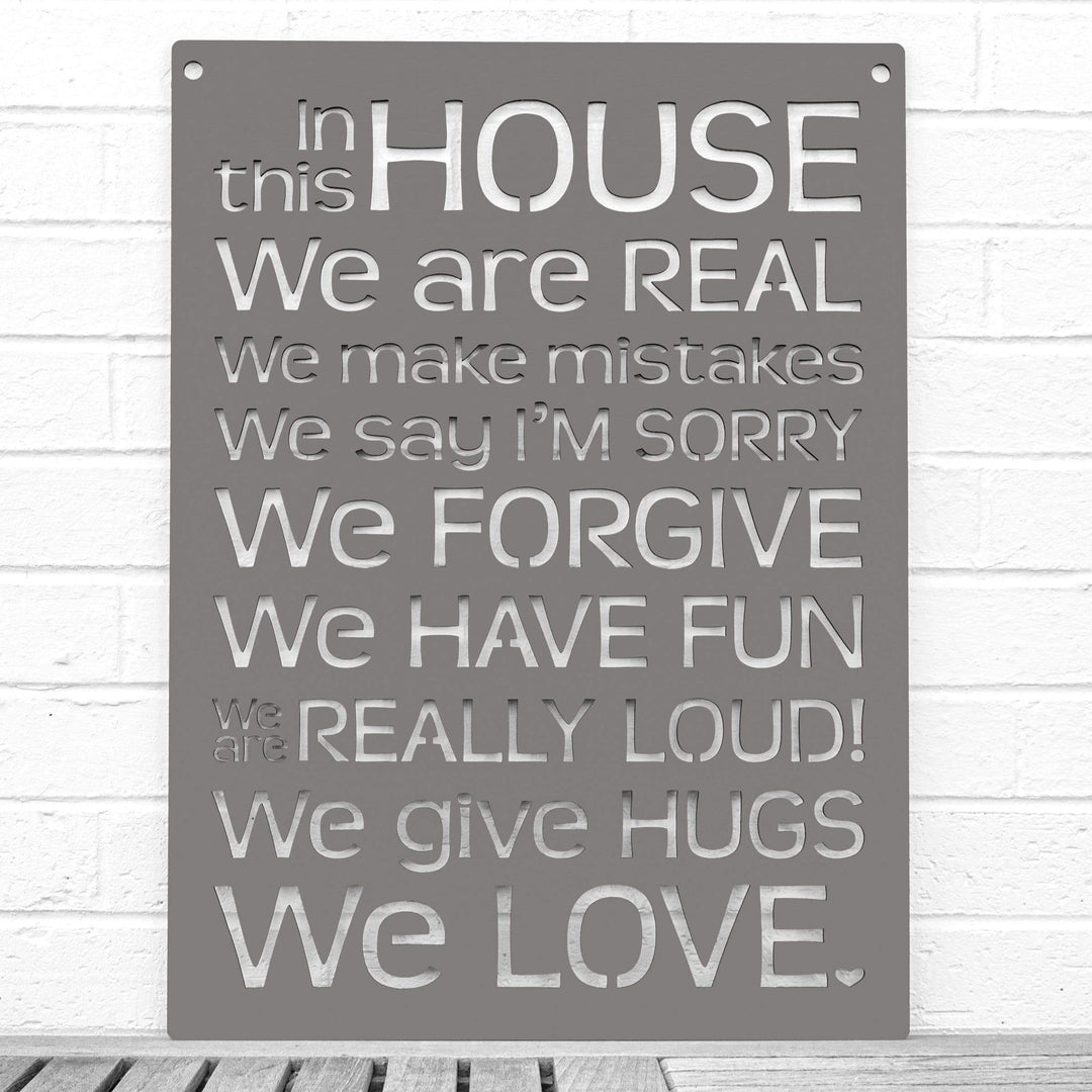 Spunky Fluff Proudly handmade in South Dakota, USA Charcoal Gray "In this House" – House Rules Decorative Wall Sign
