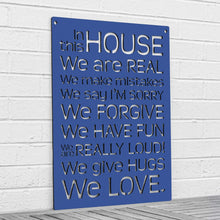 Load image into Gallery viewer, Spunky Fluff Proudly handmade in South Dakota, USA Cobalt Blue &quot;In this House&quot; – House Rules Decorative Wall Sign
