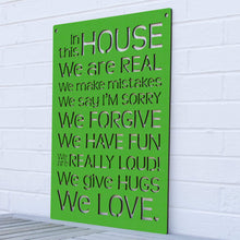 Load image into Gallery viewer, Spunky Fluff Proudly handmade in South Dakota, USA Grass Green &quot;In this House&quot; – House Rules Decorative Wall Sign
