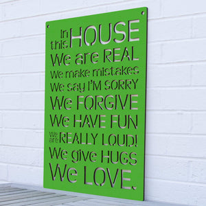 Spunky Fluff Proudly handmade in South Dakota, USA Grass Green "In this House" – House Rules Decorative Wall Sign