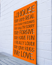 Load image into Gallery viewer, Spunky Fluff Proudly handmade in South Dakota, USA Orange &quot;In this House&quot; – House Rules Decorative Wall Sign
