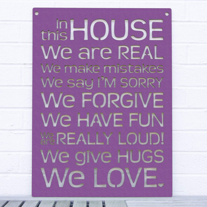 Spunky Fluff Proudly handmade in South Dakota, USA Purple "In this House" – House Rules Decorative Wall Sign