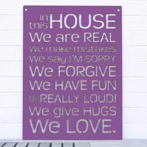 Spunky Fluff Proudly handmade in South Dakota, USA Purple "In this House" – House Rules Decorative Wall Sign