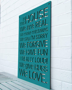 Spunky Fluff Proudly handmade in South Dakota, USA Teal "In this House" – House Rules Decorative Wall Sign