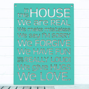 Spunky Fluff Proudly handmade in South Dakota, USA Turquoise "In this House" – House Rules Decorative Wall Sign