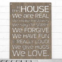Load image into Gallery viewer, Spunky Fluff Proudly handmade in South Dakota, USA Weathered Brown &quot;In this House&quot; – House Rules Decorative Wall Sign
