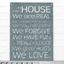 Load image into Gallery viewer, Spunky Fluff Proudly handmade in South Dakota, USA Weathered Denim &quot;In this House&quot; – House Rules Decorative Wall Sign
