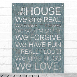 Spunky Fluff Proudly handmade in South Dakota, USA Weathered Denim "In this House" – House Rules Decorative Wall Sign