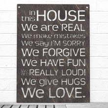 Load image into Gallery viewer, Spunky Fluff Proudly handmade in South Dakota, USA Weathered Ebony &quot;In this House&quot; – House Rules Decorative Wall Sign
