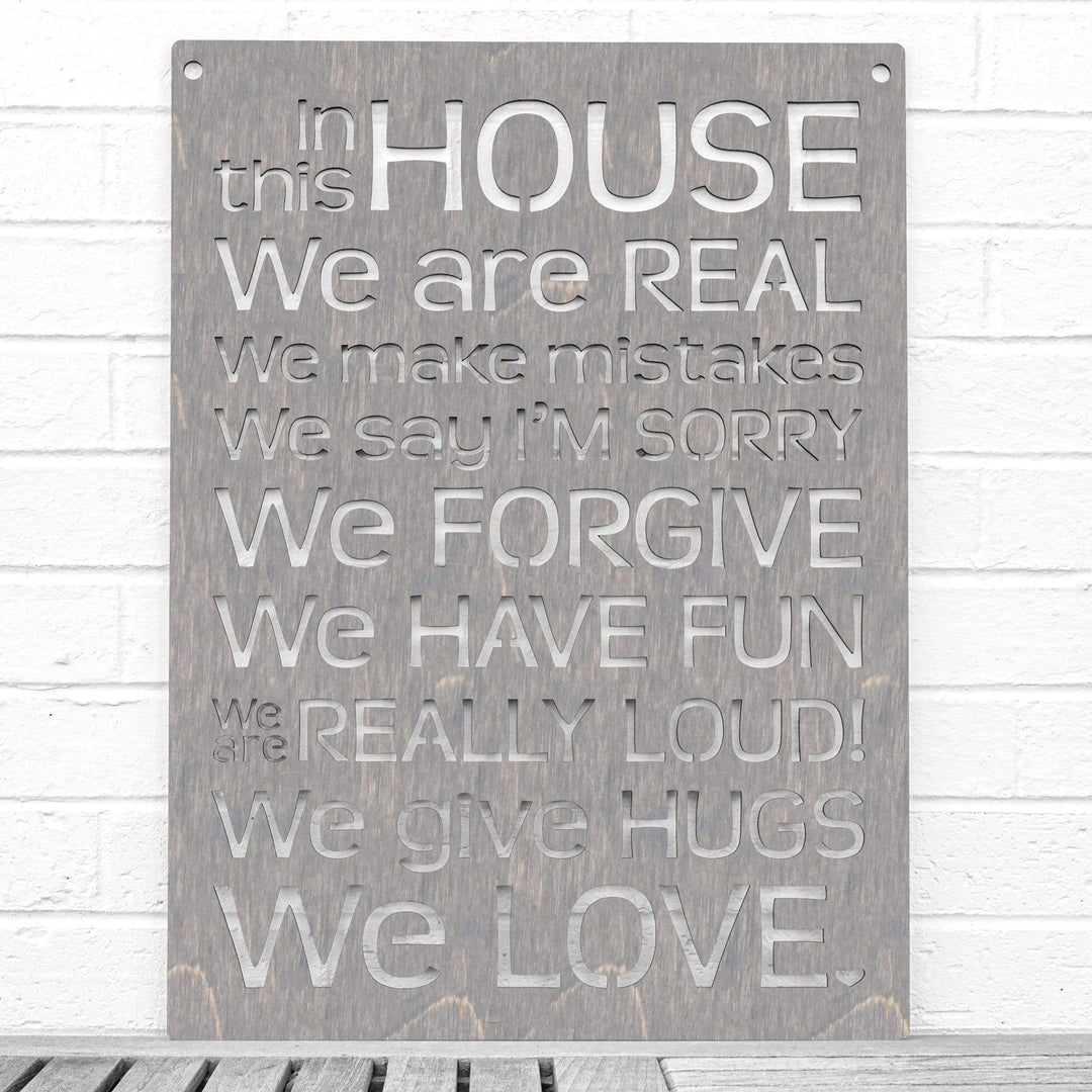 Spunky Fluff Proudly handmade in South Dakota, USA Weathered Gray "In this House" – House Rules Decorative Wall Sign