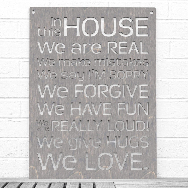 Spunky Fluff Proudly handmade in South Dakota, USA Weathered Gray "In this House" – House Rules Decorative Wall Sign