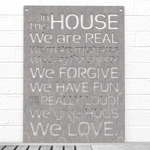 Spunky Fluff Proudly handmade in South Dakota, USA Weathered Gray "In this House" – House Rules Decorative Wall Sign