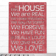 Load image into Gallery viewer, Spunky Fluff Proudly handmade in South Dakota, USA Weathered Red &quot;In this House&quot; – House Rules Decorative Wall Sign

