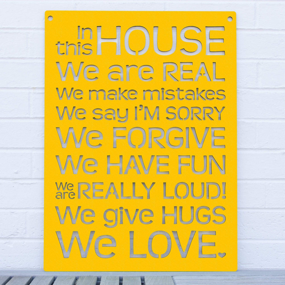 Spunky Fluff Proudly handmade in South Dakota, USA Yellow "In this House" – House Rules Decorative Wall Sign