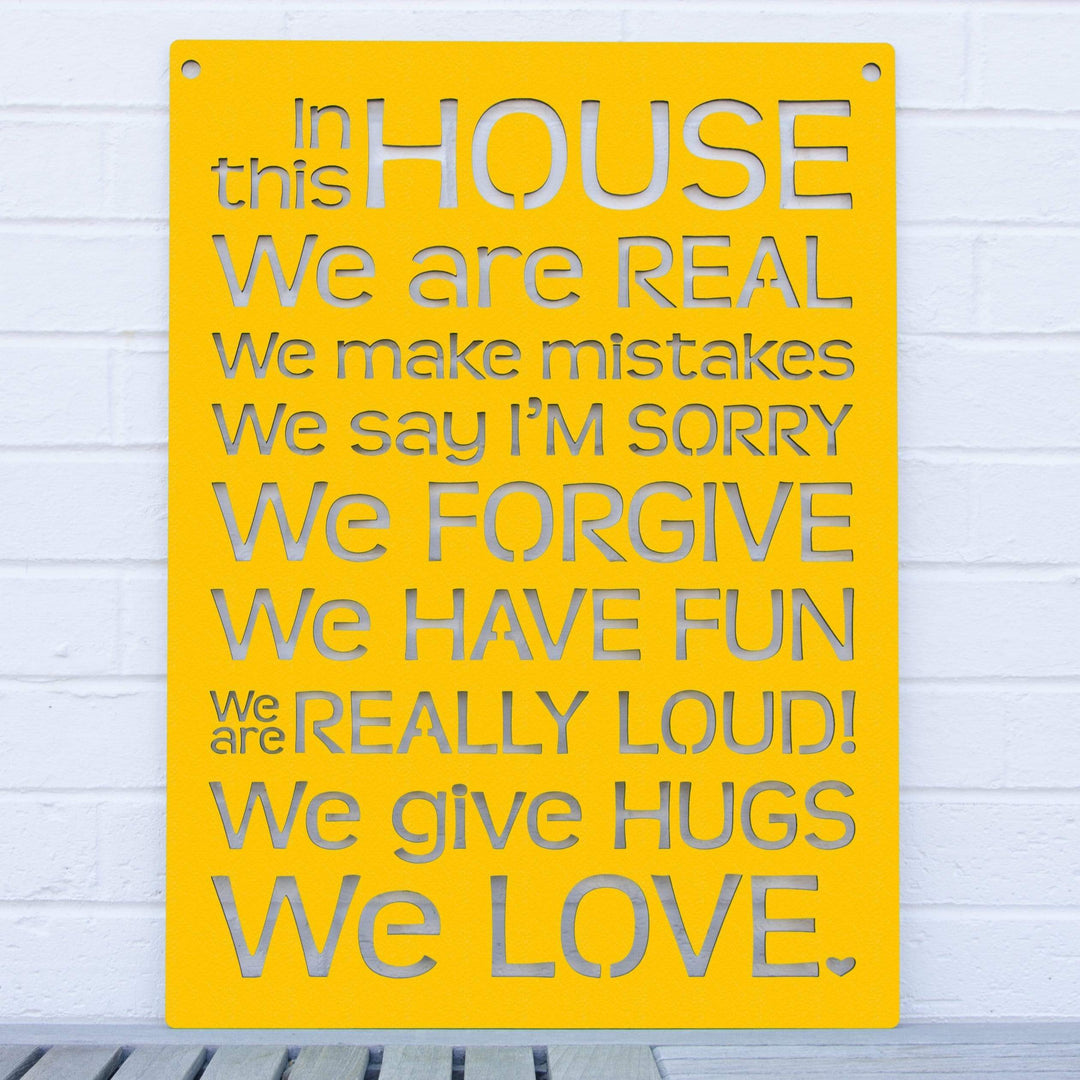 Spunky Fluff Proudly handmade in South Dakota, USA Yellow "In this House" – House Rules Decorative Wall Sign