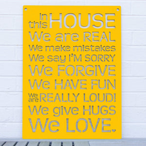 Spunky Fluff Proudly handmade in South Dakota, USA Yellow "In this House" – House Rules Decorative Wall Sign