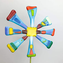 Load image into Gallery viewer, 8 Petals Design Proudly Handmade in South Carolina, USA Light Blue with Yellow Center Medium Fused Glass Garden Stake
