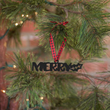 Load image into Gallery viewer, Spunky Fluff Proudly handmade in South Dakota, USA Ornament / Black Merry Tiny Word Ornament
