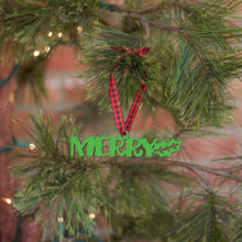 Load image into Gallery viewer, Spunky Fluff Proudly handmade in South Dakota, USA Ornament / Grass Green Merry Tiny Word Ornament
