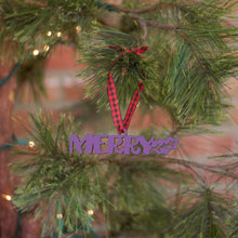 Load image into Gallery viewer, Spunky Fluff Proudly handmade in South Dakota, USA Ornament / Purple Merry Tiny Word Ornament
