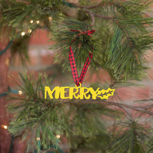 Load image into Gallery viewer, Spunky Fluff Proudly handmade in South Dakota, USA Ornament / Yellow Merry Tiny Word Ornament
