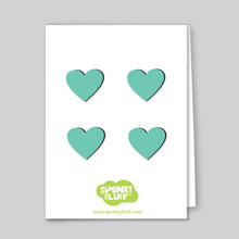 Load image into Gallery viewer, Spunky Fluff Proudly handmade in South Dakota, USA Teal Painted Mini-heart Magnets
